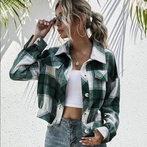 SHEIN Drop Shoulder Button Front Plaid Shacket